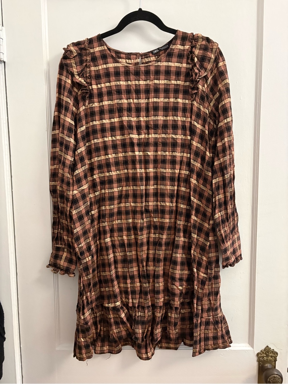 Zara Plaid Ruffle Hem Dress - Brown size XL